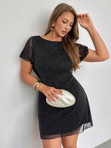 Auralis Plus Size Black Sparkly Dress For Women,Elegant Lace Patchwork Draped Formal Evening Outfit,Summer Night Out Club Party Cocktail Wedding Dress - Black - View 4