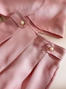 SHEIN 2件套女童夏季新款无袖背心，斜襟设计，弧形下摆，休闲衬衫和短裤套装 - 粉色 - 查看 3