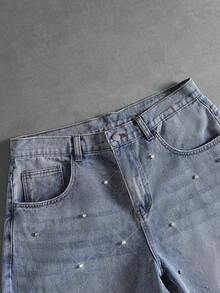 ROMWE MEN Street Life Quần jeans ống rộng nam, có túi, cài nút và đính đá, kiểu dáng thường ngày, đa năng. - Màu xanh nhạt - Xem 6