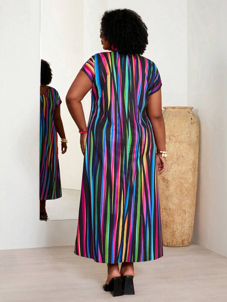 Robe longue de plage à rayures pour grandes tailles, avec blocs de couleur et rayures de couleurs réfléchies sur les côtés, pour les vacances et l'été