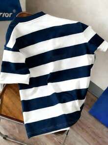 Manfinity Joysei 男士简约蓝白条纹学院风字母印花圆领T恤，适合送朋友、上学、户外穿着 - 藍色 - 查看 2