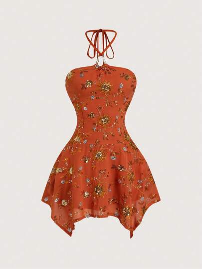 Olithes Neck Tie Floral Beaded Sexy Mini Dress For Vacation