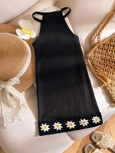 SHEIN 1pc Girls Sleeveless Knit Ruched Snug Fit Dress, Black Fabric, Spaghetti Strap Neckline, Crochet Hem Trim, Versatile Elegant Vintage Style, Suitable For Summer Beach