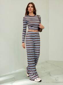 SHEIN Tall 女士休闲家居睡衣套装，包含条纹圆领长袖T恤和宽松直筒条纹裤，适合日常穿着、运动以及秋冬季节。 - 彩色 - 查看 6