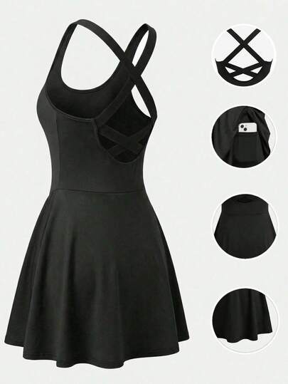 SHEIN Tween Girls Knit Black Criss-Cross Back Strap Casual Snug Fit Dress