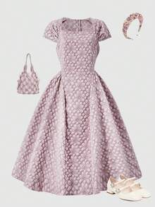 SHEIN Vestido de manga corta con cuello cuadrado y cintura ceñida en tela texturizada para adolescentes, elegante y apropiado para temporada de bodas, fiestas y reuniones - Rosa - Ver 8