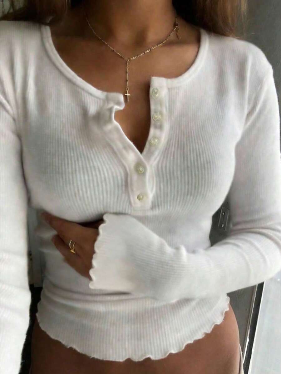 Dazy Tall Tall Women's Ribbed Half-Zip Fitted Long Sleeve Elegant Pullover T-Shirt - White - View 1