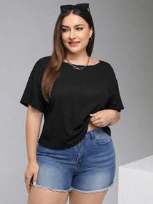 SHEIN Essnce 大码女装春夏时尚休闲宽松舒适日常百搭显瘦黑色短袖露背上衣，适合外出、夏季穿着，欧洲夏季 - 黑色 - 查看 3