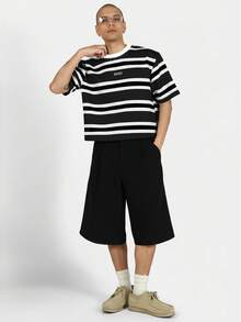 SUMWON 超大号短款条纹 T 恤宽松版型现代剪裁街头潮流都市时尚现代设计短袖圆领休闲夏季春季 - 黑色 - 查看 3