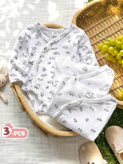 Vintaside Kids Newborn Baby Girls/Boys White Solid Color Crossed Collar Comfortable Cute Elegant Minimalist Fashion Stretchy Long Sleeve Romper Jumpsuit Outfit Set