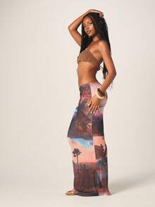 MISSGUIDED Tropical Sunset Palm Tree Print Maxi Skirt Bohemian Beach Summer Vacation Long Skirt Casual Flowy Evening Wear - Multicolor - View 5