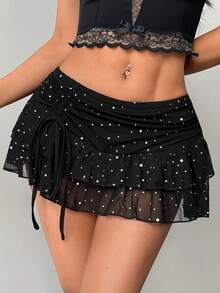 SHEIN PETITE Spring Summer For Women Concert Women Ultra Low Waist Ruched Tie-Up High Slit Sequin Mesh Layered Mini Skirt - Black - View 3