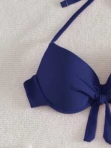 Swim Vcay 女士简约纯色扭结前开襟挂脖比基尼上衣，带钢圈，适合海滩度假 - 藏蓝色 - 查看 5