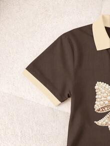 Rovax Áo thun ngắn tay nữ in họa tiết nơ thắt cổ, kiểu dáng thường ngày, đa năng. - Màu be - Xem 5