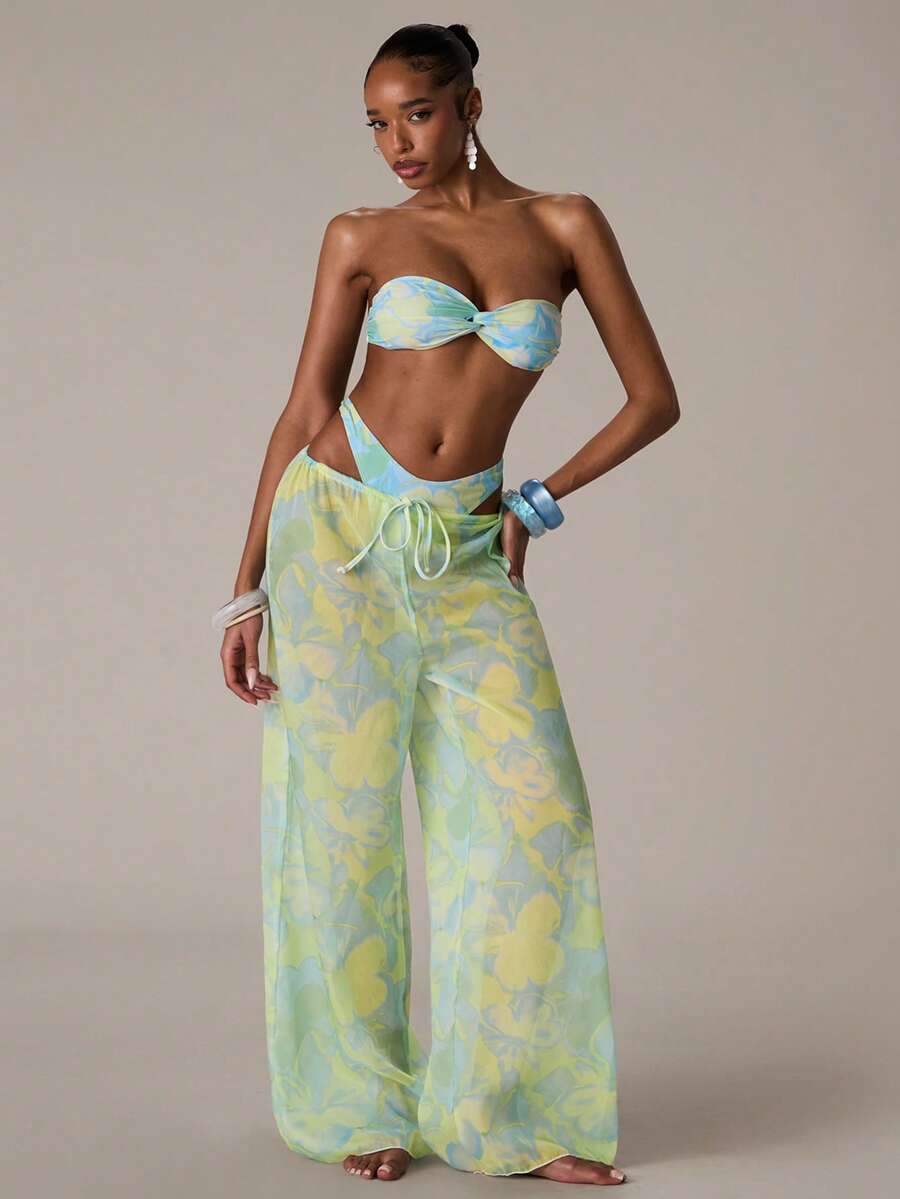 SHEIN BAE Áo khoác ngoài bikini nữ tối giản in họa tiết, kiểu dáng thường ngày. - Màu xanh nhạt - Xem 1