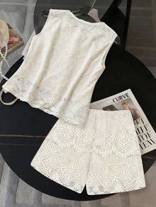 Formidée Plus Size Women Casual Elegant Lace Sheer Front Button Top And Shorts 2 Pieces Set - Apricot - View 4