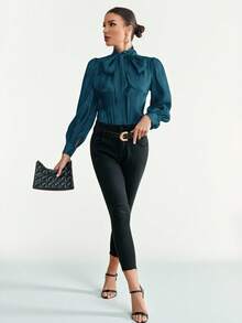 Aveloria Modichic Áo kiểu nữ màu trơn cổ buộc dây, tay phồng, thích hợp mặc đi dự tiệc, lễ hội. - Màu xanh lam - Xem 5