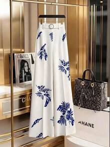 GlowEve Women's Printed Pattern Wide Leg Straight Pants, Elegant Waistband Design, Suitable For Daily, Commute, Casual, Business, French Style, Spring/Summer & Autumn/Winter - Blue and White - View 6