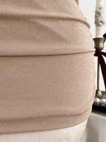 Elamini Sexy Backless Halter Metallic Shiny Mini Dress For Party - Champagne - View 6