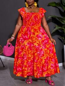 SHEIN CURVE+ Curve 尺码 US22 音乐节、海滨度假、波西米亚风休闲印花连衣裙，波西米亚风格 - 橘色 - 查看 8