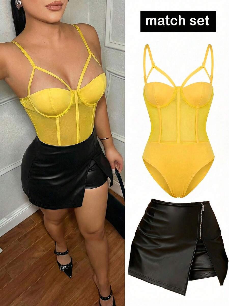 SHEIN SXY 女士性感黑色网纱拼接胸衣吊带背心,带胸带装饰,春夏款 - 黃色 - 查看 1