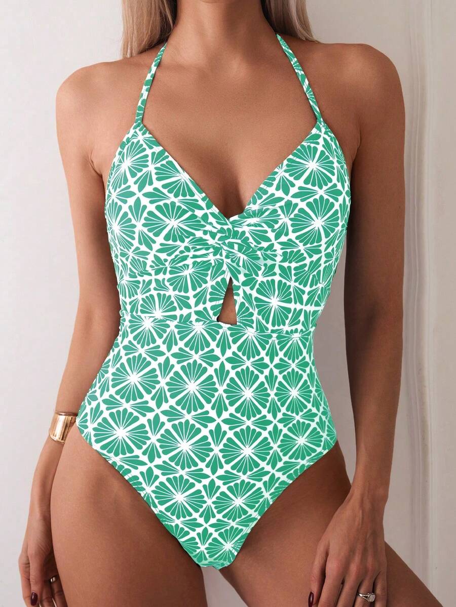 SHEIN Swim 女士沙滩度假扭结挂脖连体泳衣 - 綠色 - 查看 1