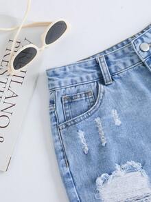 Breezaya Women's Pocket Design Distressed Raw Hem Casual Versatile Denim Shorts - Blue - View 3