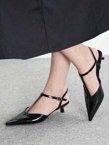 CUCCOO BIZCHIC 女士漆皮尖头T字带后跟细高跟凉鞋，简约通勤风格 - 黑色 - 查看 3