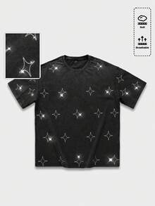 ROMWE MEN Street Life Kaos Pria Gaya Jalanan dengan Hiasan Bintang dan Rhinestone, Kasual, Kerah Bulat, Lengan Pendek - Hitam - View 1