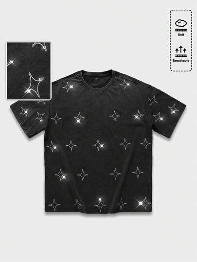 ROMWE MEN Men's Street Style Star Rhinestone Decor Casual Round Neck Short Sleeve T-Shirt