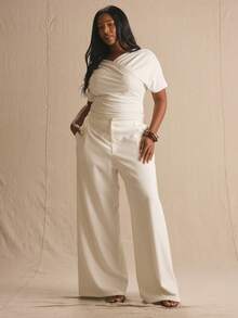 MUSERA Low Rise Tailored Slouchy Fit Straight Leg Trousers Spring Summer Elegant Easter Cute Vacation Casual Everyday Easter Spring Outfit Casa De Muse - White - View 2