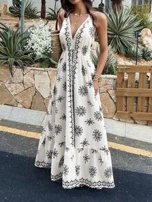 SHEIN Holidaya Elegant Apricot Deep V Neck Sleeveless A Line Long Dress With Plants Pattern And Ruffle Flounce Hem Semi Sheer Woven Fabric - Apricot - View 5