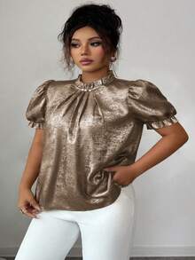 Elenzga Blusa de talla grande con mangas abullonadas metálicas y decoración de perlas - Dorado - Ver 4