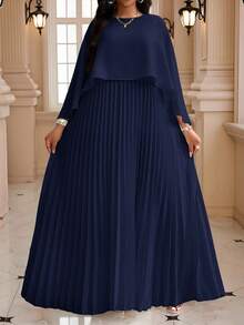 SHEIN CURVE+ Gaun Plus Size Sederhana Elegan Warna Polos dengan Hem Berlipit untuk Acara Gereja, Malam Formal, Pernikahan, Pesta Pernikahan, Biru Tua, Musim Gugur - Navy Blue - View 7