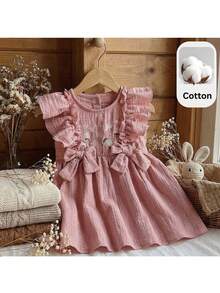 Loomiva Baby Girl Floral Print Round Neck Ruffle Hem Cinched Waist Dress - Pink - View 1