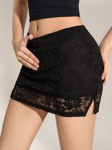 SHEIN Tall Chân váy ngắn ôm dáng màu trơn thanh lịch dành cho nữ, chất liệu ren, thích hợp cho mùa hè. - màu đen - Xem 5