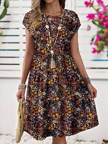 EMERY ROSE Casual Loose Ditsy Floral Round Neck Short Sleeve Midi Dress For Women, Suitable For Summer,Casual - Multicolor - View 6