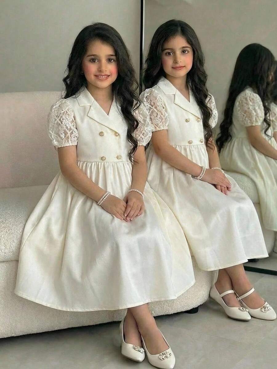 SHEIN 少女优雅翻领泡泡袖纹理连衣裙 - 杏色 - 查看 1