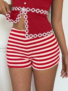 Women's Summer Casual Vacation Red & White Striped Pattern Shorts Women Vacation Outfit Sets Women Two Pieces Sets Short Women's 2 Pieces Outfit Women's 2 Pieces Sets Woman Summer Outfits - Watermelon Pink - View 7