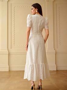 ZEYLAH Cotton Short Sleeve Vacation Embroidered Long Dress - White - View 3