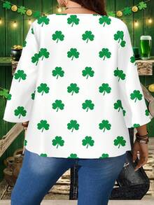 EMERY ROSE Kemeja Wanita Ukuran Besar Longgar Lengan 3/4 Motif Daun Semanggi Hijau Vintage Kasual Hari St. Patrick, Cocok untuk Musim Panas - Hijau - View 5