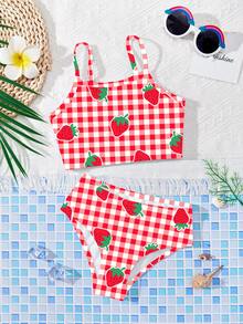 SHEIN Cute Strawberry Pattern, Retro Red & White Plaid, Beach Vacation Style, Young Girls Casual Slim-Fit Camisole & Triangle Bikini Swimsuit Set, Suitable For Summer Chill Vacation, #Coconutgirl - Red and White - View 3