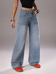 TRNVIE Fashionable Casual Retro Nostalgic Pocket Low-Waist Relaxed Fit Jeans - Medium Wash - View 4