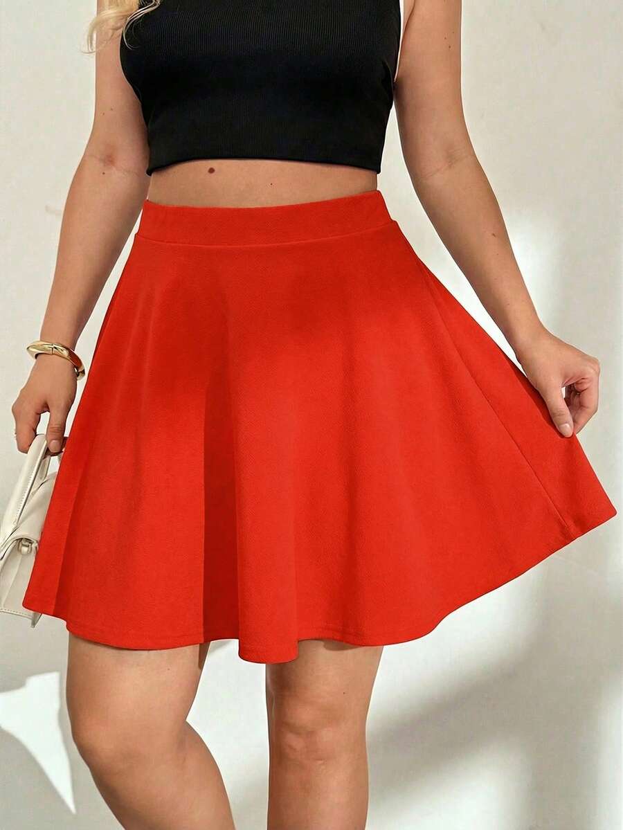 SHEIN Essnce Váy chữ A màu đỏ dành cho nữ cỡ lớn, thời trang thu đông, thoải mái, cơ bản, đa năng, thích hợp mặc hàng ngày, kiểu dáng thường ngày, quần nữ, váy ôm dáng, trang phục mùa thu. - trái cam - Xem 1