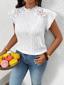 SHEIN Frenchy Plus Size Women Geometric Textured Contrast Lace Fashion T-Shirt - White - View 2