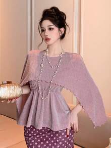 DAZY Women's Elegant Ruffle Collar Waist Fitted Blouse - Pink - View 7