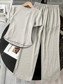 Tween Girl Cherry Letter Print Ruffle Fitted T-Shirt And Wide Leg Pants Set, Casual Fashionable Street Style For Spring, Summer, Autumn - Grey - View 2