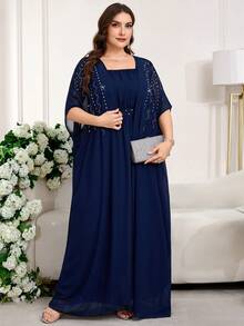 Reflora 大码闪亮优雅短袖连衣裙 - 藍色 - 查看 3