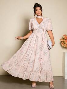 Cravure Plus Size Women's Floral Print Chiffon V-Neck Ruffle Puff Sleeve Maxi Dress Elegant Lady Outdoor Wear Vacation Pink Floral Summer - Pink - View 4