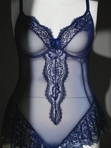 Spicy Aura Macacão Lingerie Plus Size Feminino com Laço, Renda e Contraste de Tule em Cor Sólida - Azul Royal - Visão 9